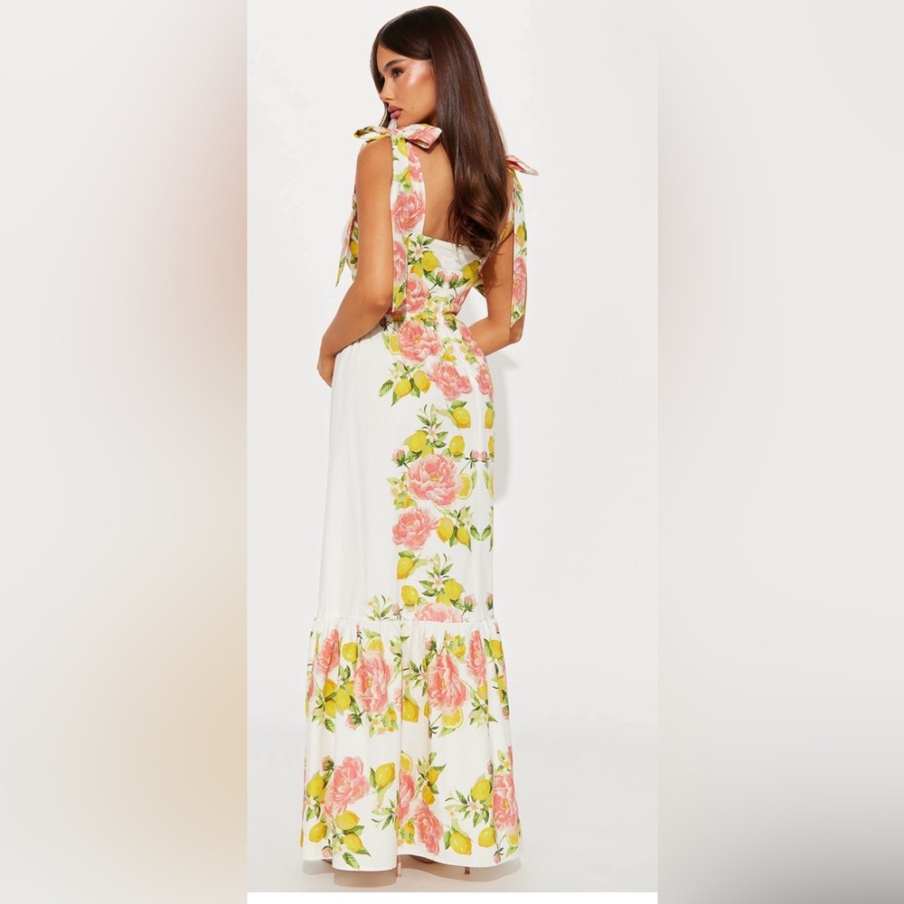 Fashion Nova White Maxi Dress with Pink Rose & Yellow Lemon Print